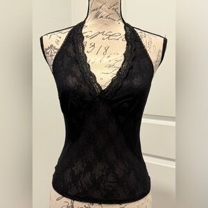 NWOT Vintage Black Lace Sheer Mesh Halter Top / Camisole